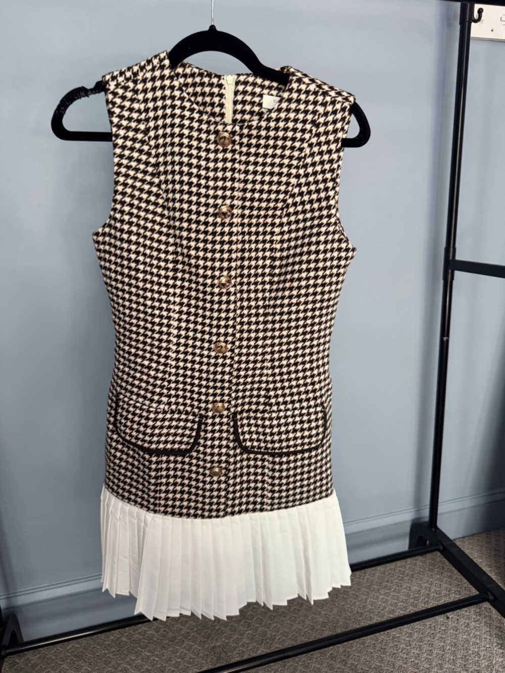 NWT Commense Houndstooth Sleeveless Pleated Hem Mini Dress Wool Blend - Picture 7 of 11